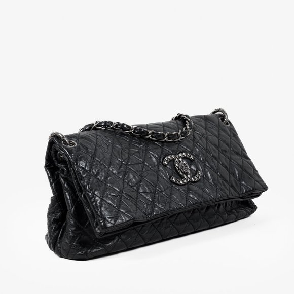 Chanel 2009 Black Quilted Crinkled Calfskin Fold Over CC Bag RHW - Picture 3 of 12
